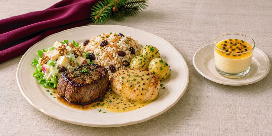 Filet mignon, medallón de pollo en salsa de miel y mostaza, arroz árabe, papa al perejil y mousse de maracuyá